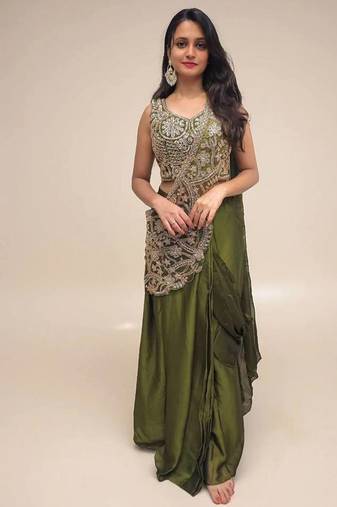 mehendi silk thread & beaded work lehenga saree