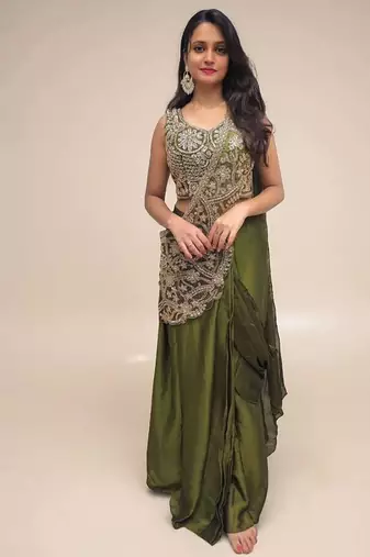 Mahendi Color  Embroidery Thread & Semi Beads Work Ready to Wear Silk Saree