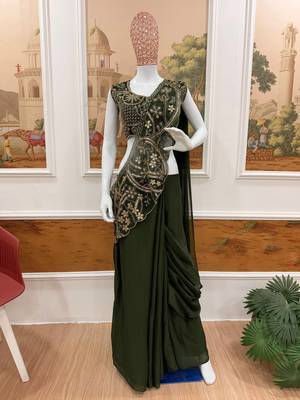 mehendi silk thread & beaded work lehenga saree 3