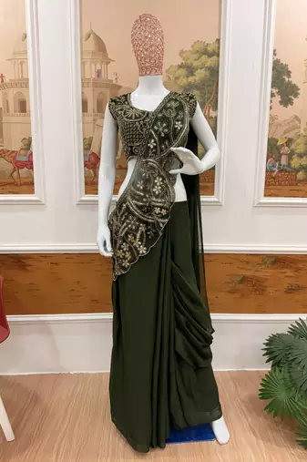 mehendi silk thread & beaded work lehenga saree