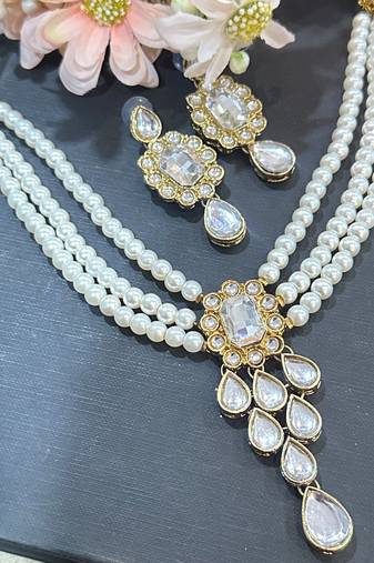 pearl beaded kundan stone studded necklace set