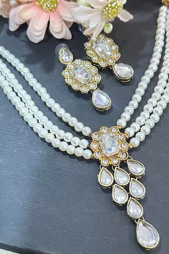 pearl beaded kundan stone studded necklace set