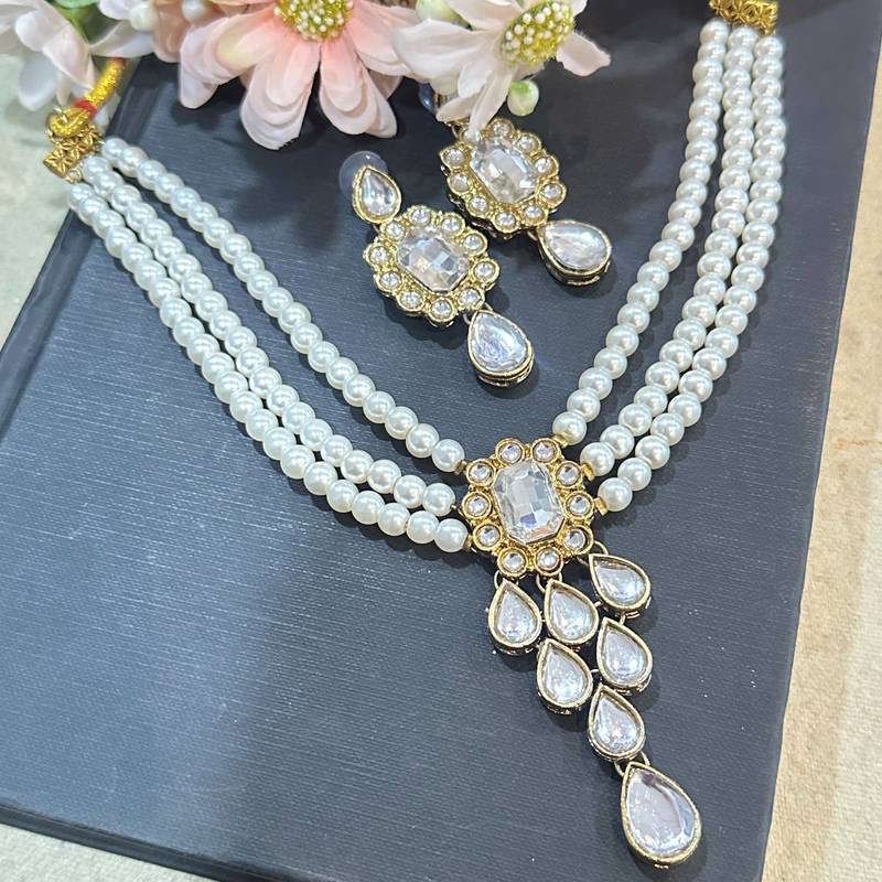 pearl beaded kundan stone studded necklace set
