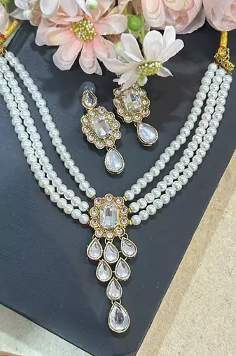 pearl beaded kundan stone studded necklace set