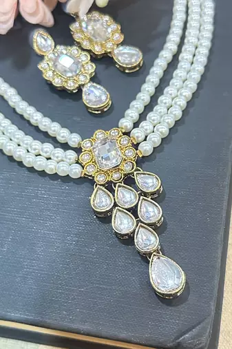 pearl beaded kundan stone studded necklace set