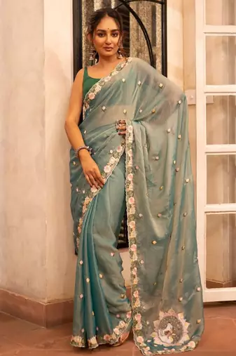 Teal Color  Floral Embroidery Work Silk Saree