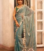 Teal Color  Floral Embroidery Work Silk Saree