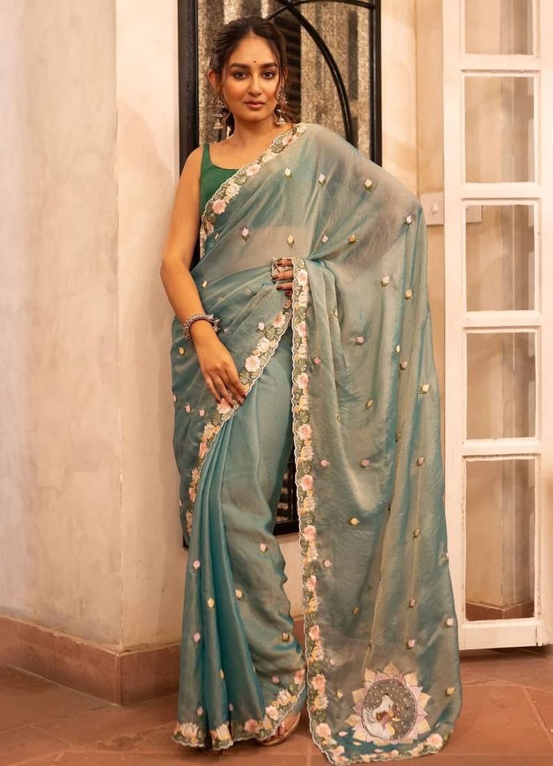 Teal Color  Floral Embroidery Work Silk Saree