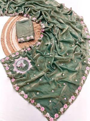 teal silk floral embroidered saree with cutwork border 3
