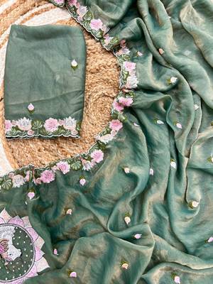teal silk floral embroidered saree with cutwork border 4