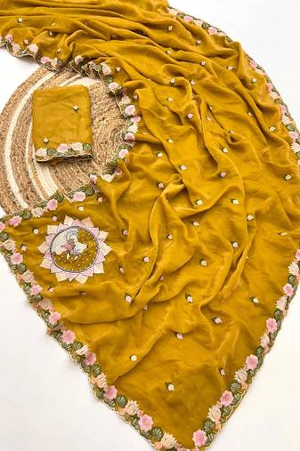 mustard silk floral embroidered saree with cutwork border