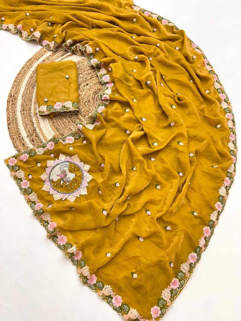 Yellow Color  Floral Embroidery Work Silk Saree