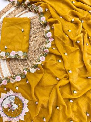 mustard silk floral embroidered saree with cutwork border 2