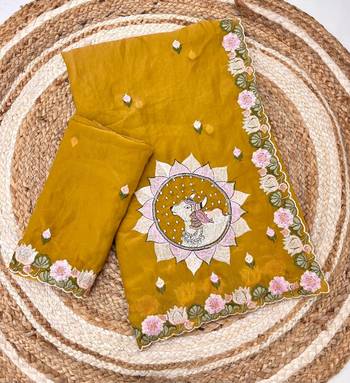 mustard silk floral embroidered saree with cutwork border 3