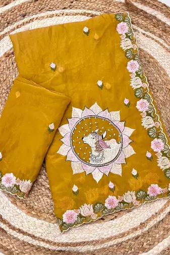 mustard silk floral embroidered saree with cutwork border