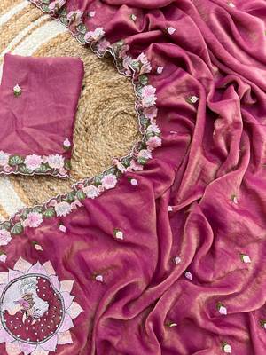 rose pink silk floral embroidered saree with border 1
