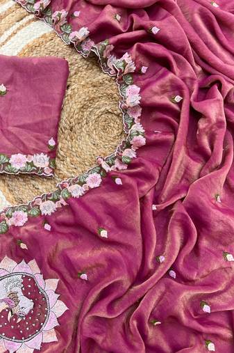 rose pink silk floral embroidered saree with border