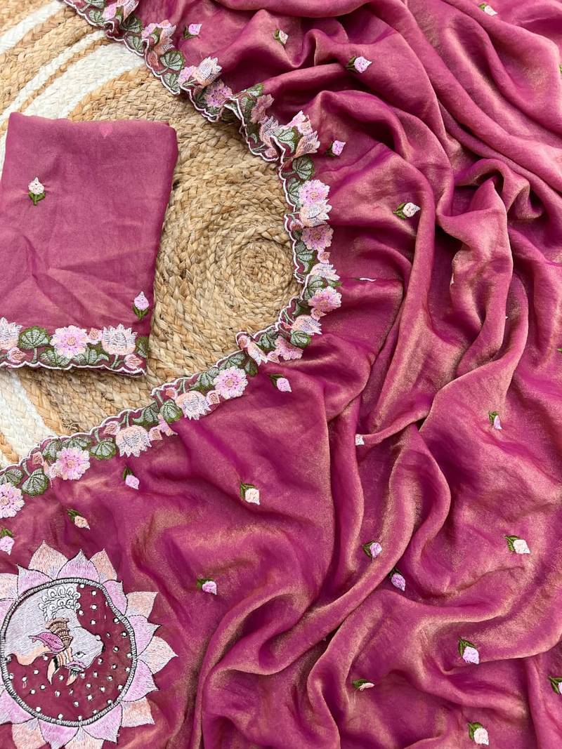 Pink Color  Floral Embroidery Work Silk Saree