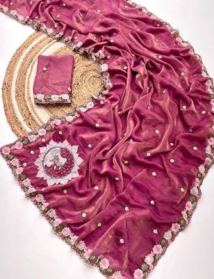 rose pink silk floral embroidered saree with border 2