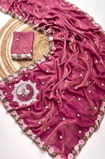 rose pink silk floral embroidered saree with border