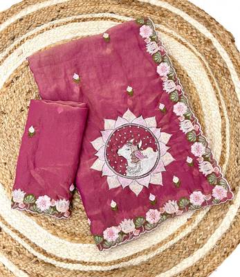 rose pink silk floral embroidered saree with border 3