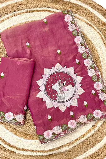 rose pink silk floral embroidered saree with border