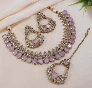 stunning pink antique gold plated ad/zircon work polki necklace jewelry set with maangtika 2