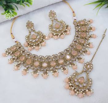 designer peach mehendi gold plated ad/zircon work polki necklace jewelry set with maangtika 2