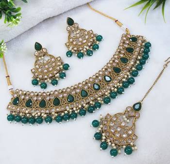 designer green mehendi gold plated ad/zircon work polki necklace jewelry set with maangtika 2