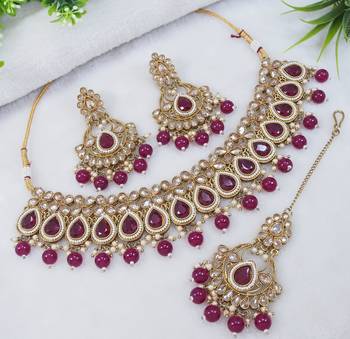 designer ruby mehendi gold plated ad/zircon work polki necklace jewelry set with maangtika 2