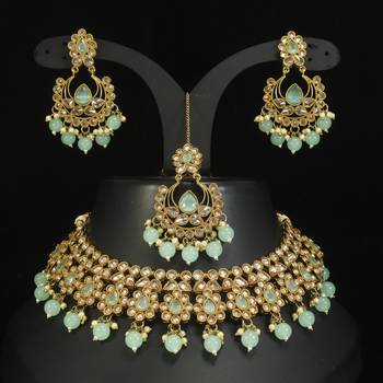 stunning sea green mehendi gold plated ad/zircon work polki necklace jewelry set with maangtika 1