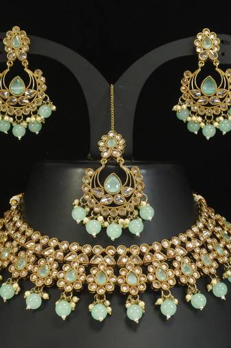 stunning sea green mehendi gold plated ad/zircon work polki necklace jewelry set with maangtika