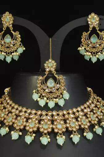 stunning sea green mehendi gold plated ad/zircon work polki necklace jewelry set with maangtika