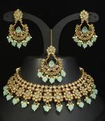 stunning sea green mehendi gold plated ad/zircon work polki necklace jewelry set with maangtika
