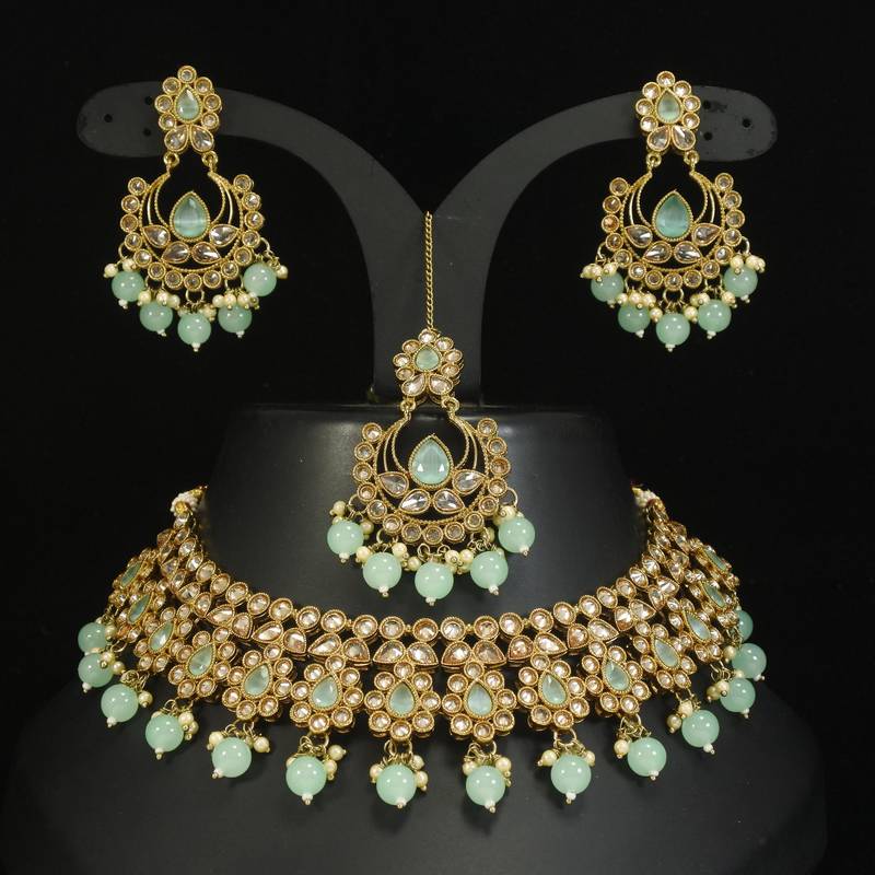 stunning sea green mehendi gold plated ad/zircon work polki necklace jewelry set with maangtika