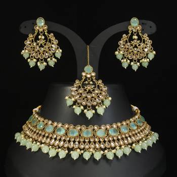 stunning sea green mehendi gold plated ad/zircon work polki necklace jewelry set with maangtika 1