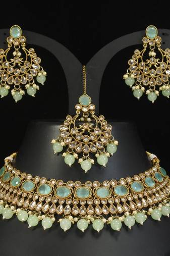 stunning sea green mehendi gold plated ad/zircon work polki necklace jewelry set with maangtika