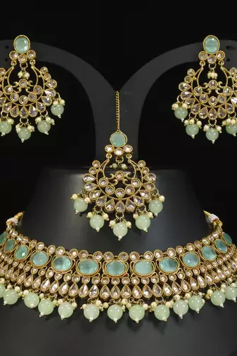 stunning sea green mehendi gold plated ad/zircon work polki necklace jewelry set with maangtika