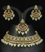 stunning sea green mehendi gold plated ad/zircon work polki necklace jewelry set with maangtika