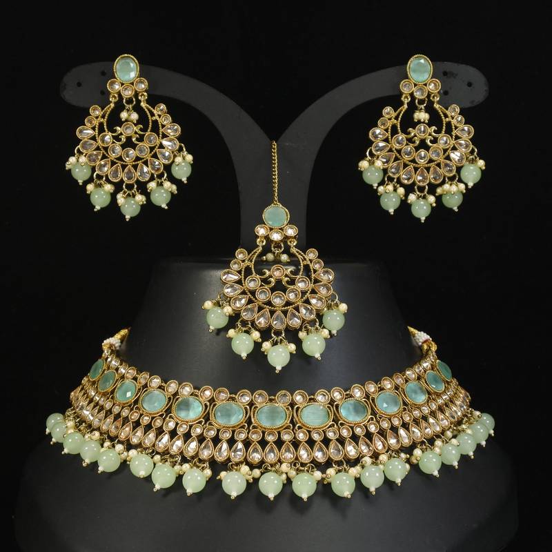 stunning sea green mehendi gold plated ad/zircon work polki necklace jewelry set with maangtika