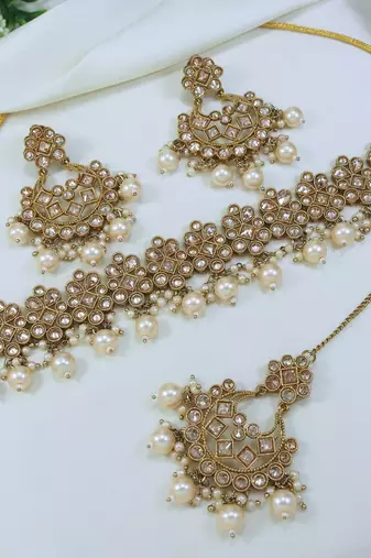 designer lct mehendi gold plated ad/zircon work polki necklace jewelry set with maangtika