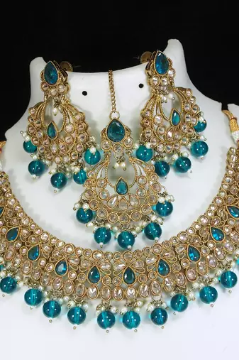 designer rama green mehendi gold plated ad/zircon work polki necklace jewelry set with maangtika