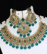 designer rama green mehendi gold plated ad/zircon work polki necklace jewelry set with maangtika