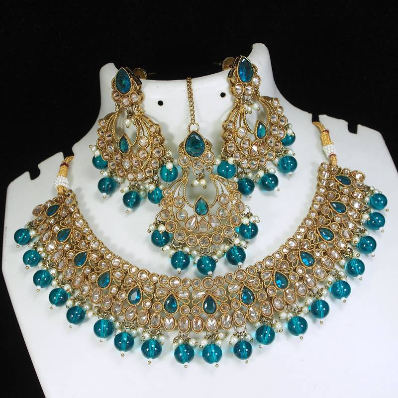 designer rama green mehendi gold plated ad/zircon work polki necklace jewelry set with maangtika
