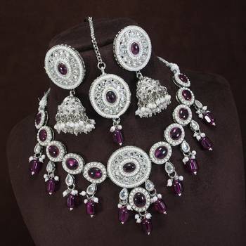 marvelous wine color mehendi gold plated ad/zircon work polki necklace jewelry set with maangtika 1