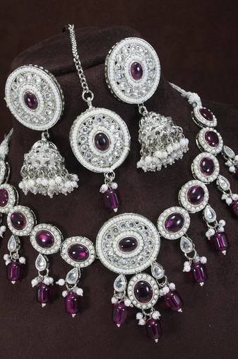 marvelous wine color mehendi gold plated ad/zircon work polki necklace jewelry set with maangtika