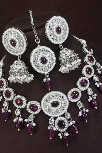 marvelous wine color mehendi gold plated ad/zircon work polki necklace jewelry set with maangtika