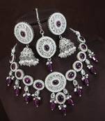 marvelous wine color mehendi gold plated ad/zircon work polki necklace jewelry set with maangtika