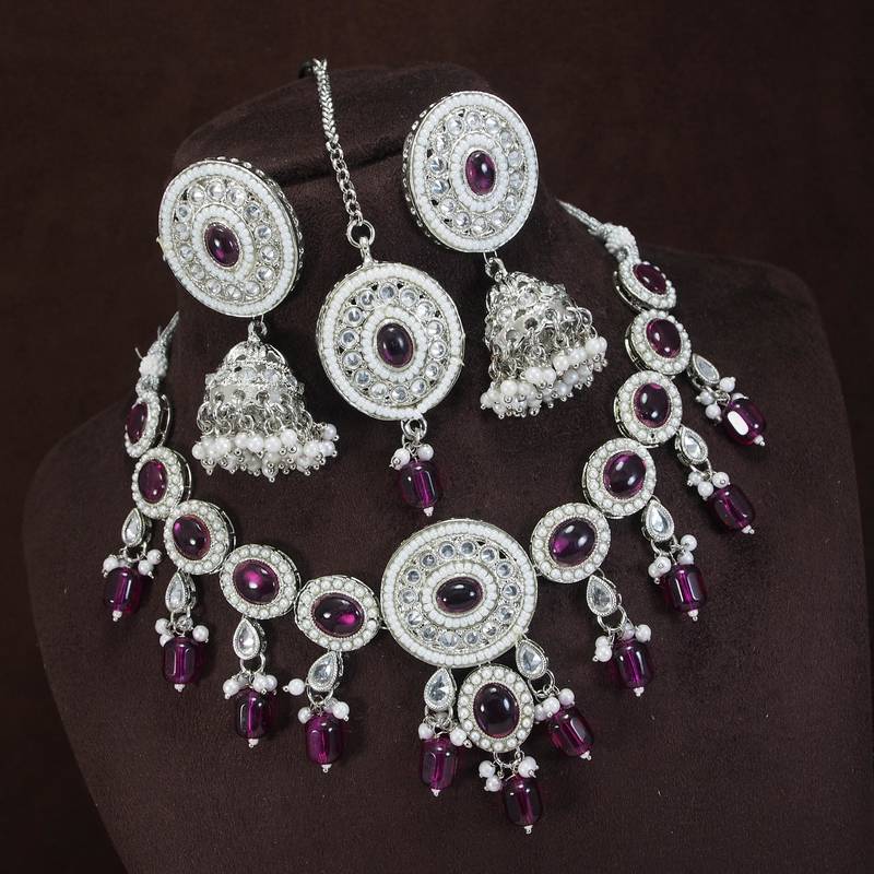 marvelous wine color mehendi gold plated ad/zircon work polki necklace jewelry set with maangtika