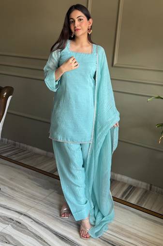 Sky Blue Crunchy Silk Farshi Salwar Suit Set with Siroski Work